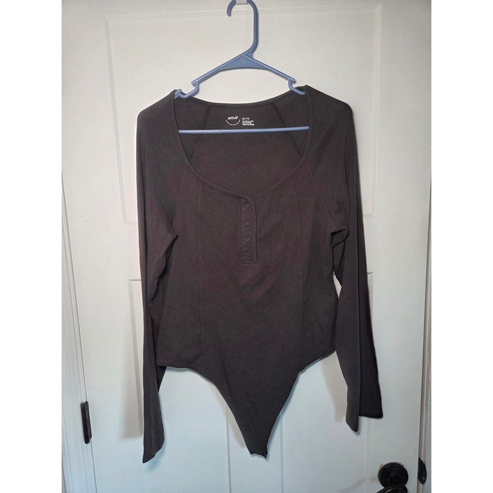 Aerie Henley Bodysuit Long Sleeve Ribbed Scoop Neck Charcoal Gray XXL